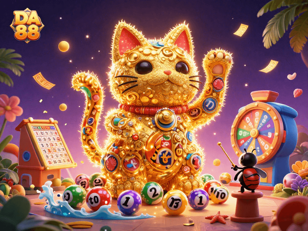 Engage with DA 88 through this vibrant casino illustration featuring dynamic symbols and festive elements.