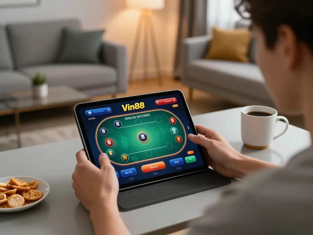Engaging in strategic betting on Vin88 app in a cozy home environment.