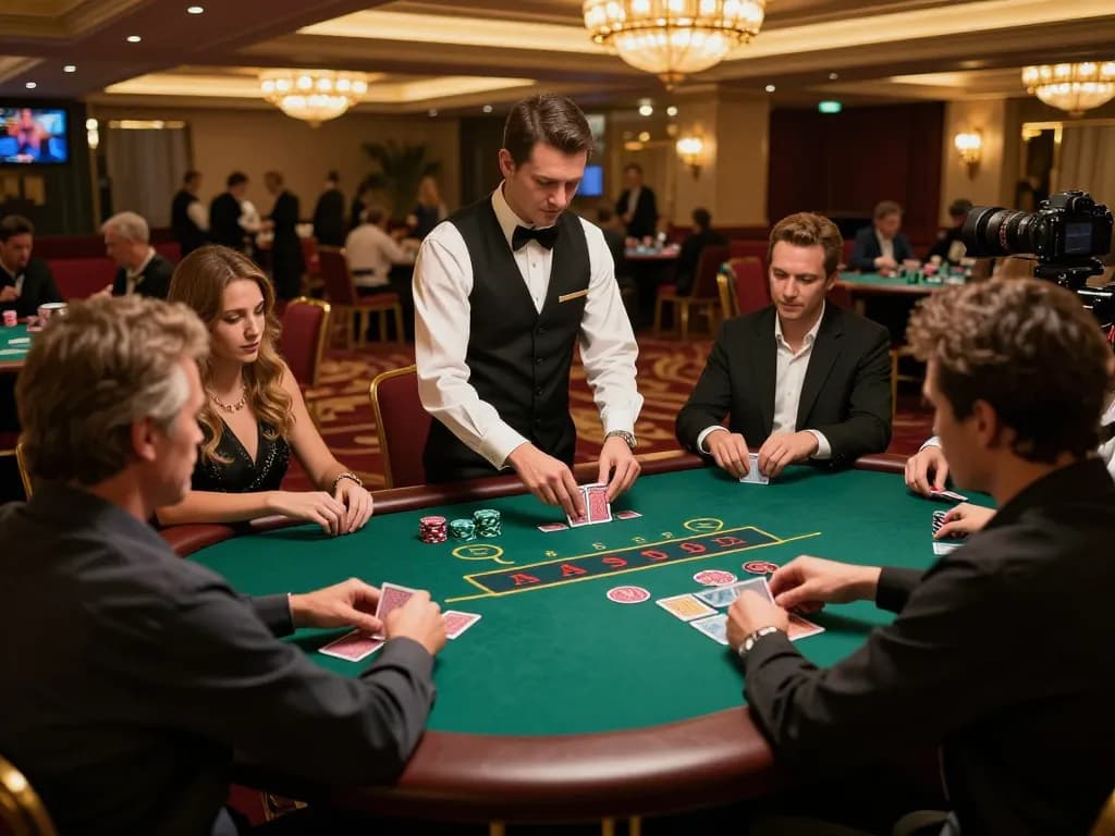Players at Fun88 com engage in an exciting blackjack game at a luxurious casino.