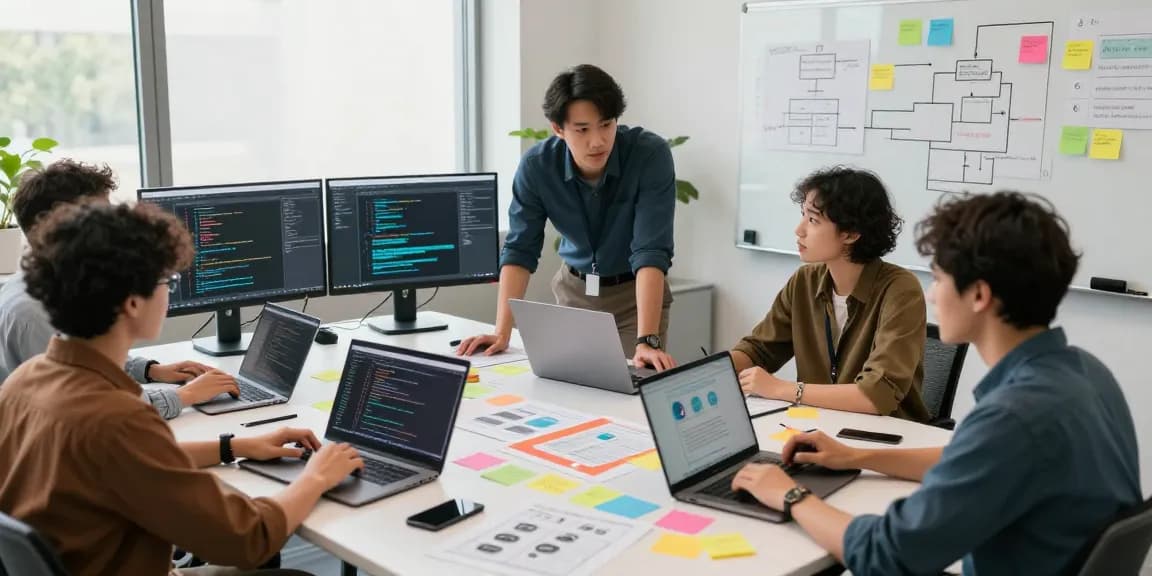 Building internal tools with AI in a collaborative workspace, showcasing a diverse team engaged in development.