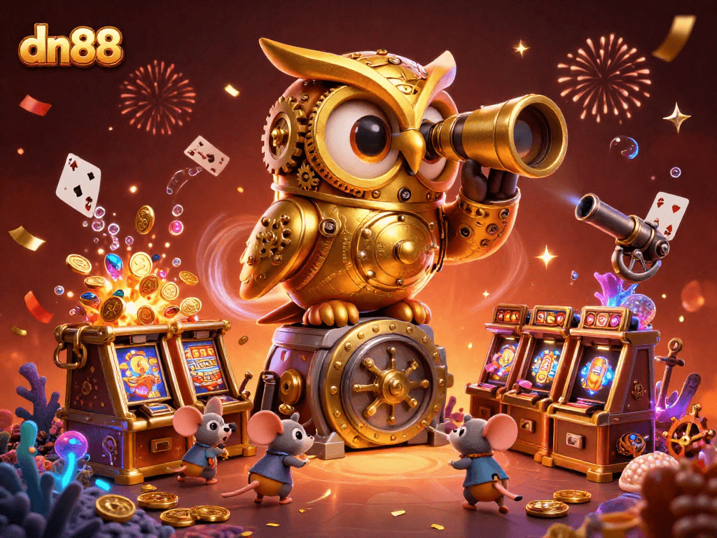 Experience the thrill of dn88 with gaming excitement among golden owls, slot machines, and dynamic casino elements.