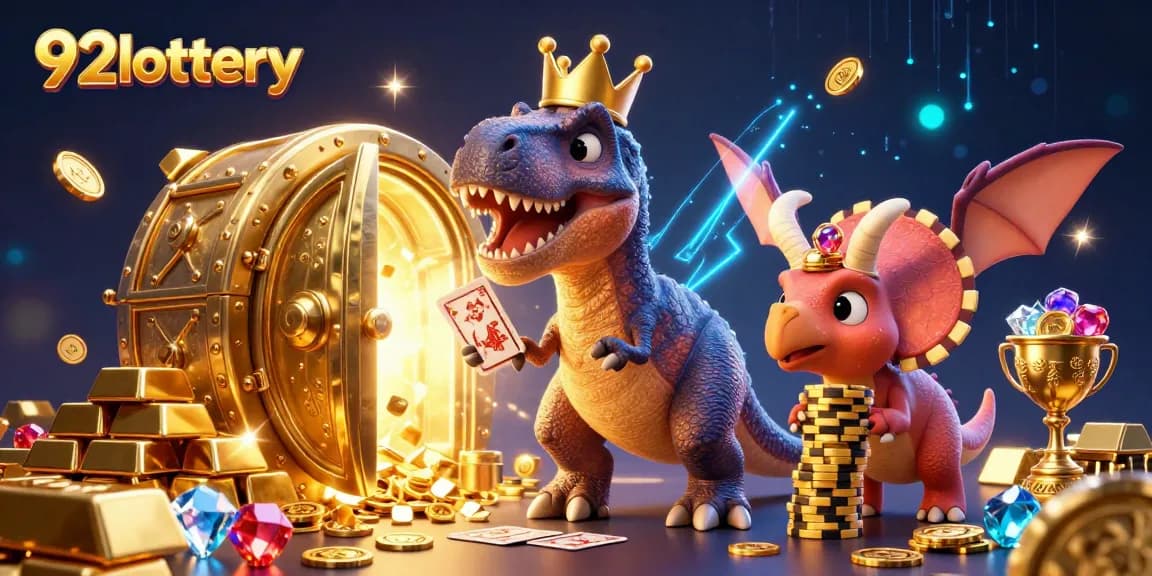 Engage with 92lottery's thrilling gaming scene featuring a cartoon T-Rex and friends in action.