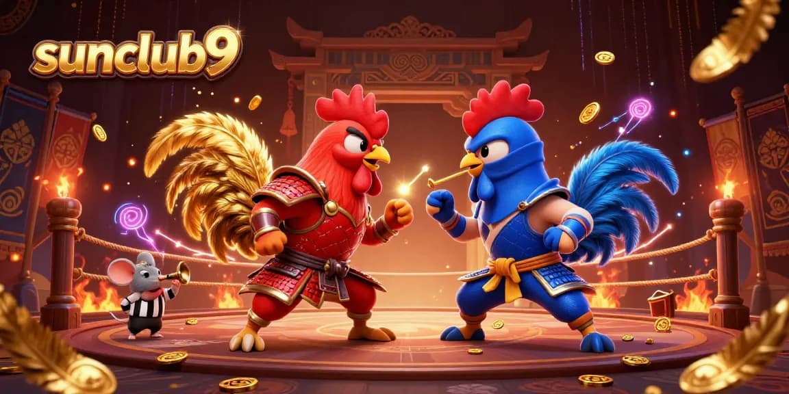 Immerse in sunclub9's thrilling atmosphere with dynamic roosters in battle at a vibrant online casino