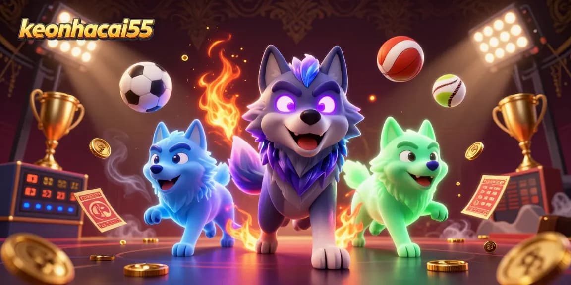 keonhacai55 showcases a dynamic casino scene with ghost wolves and sports elements in action.