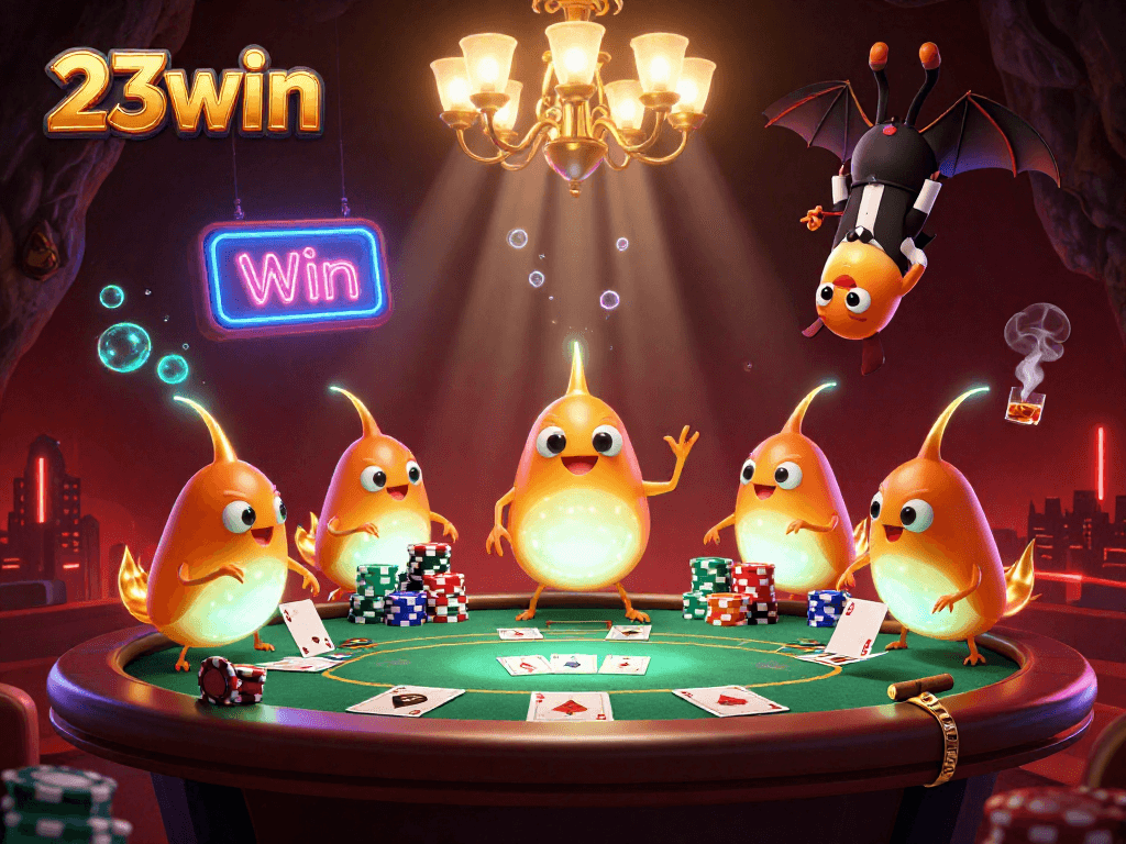 Experience the vibrant glow of 23win's enchanting cave casino illuminated by glowworms and a bat dealer.