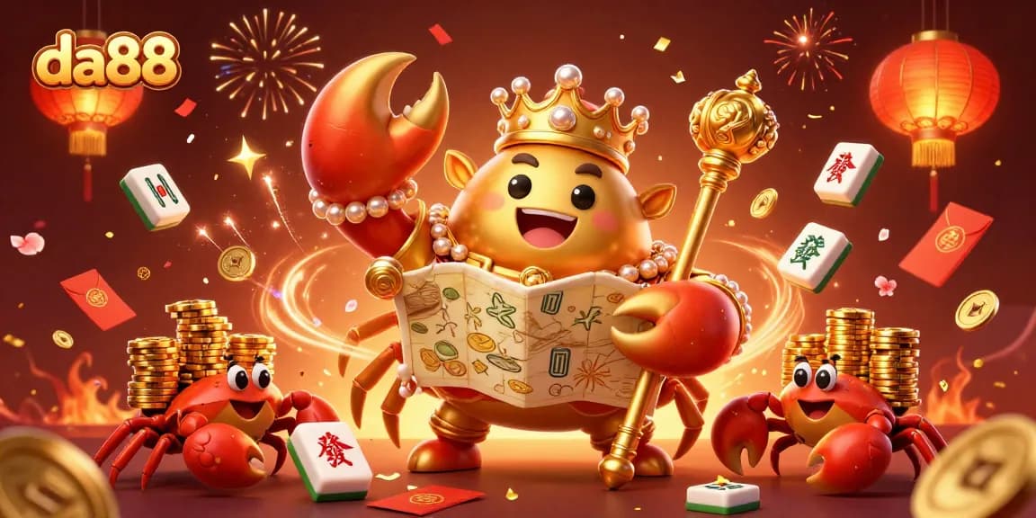 Engage with da88's vibrant 3D casino world featuring a crab emperor and gold treasures.