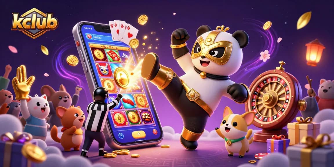 Kclub offers an exciting 3D cartoon experience with a flying panda wrestler, a counting referee chihuahua, and cheering animal spectators amidst vibrant gambling elements.