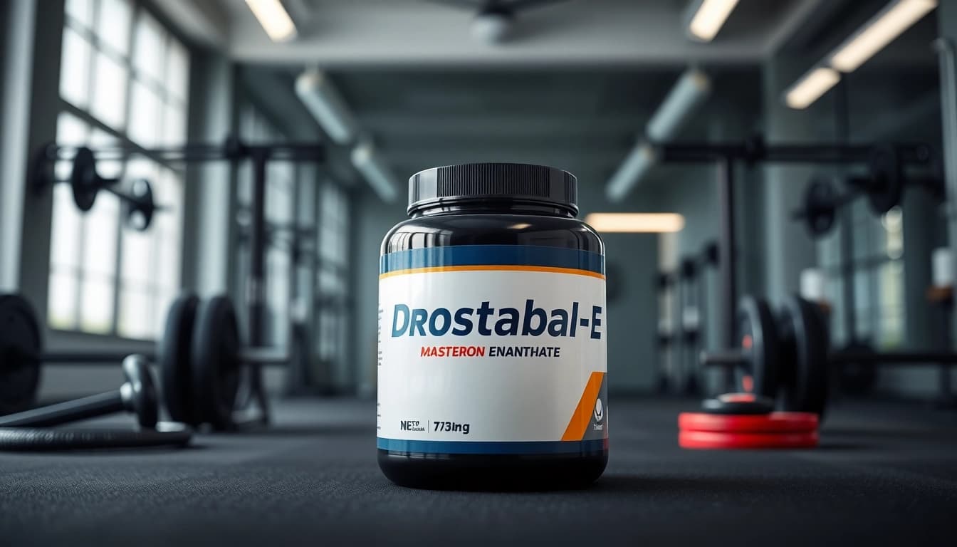 Drostabal-E Masteron Enanthate product showcase met opvallend ontwerp en texturen in een sportschoolomgeving.