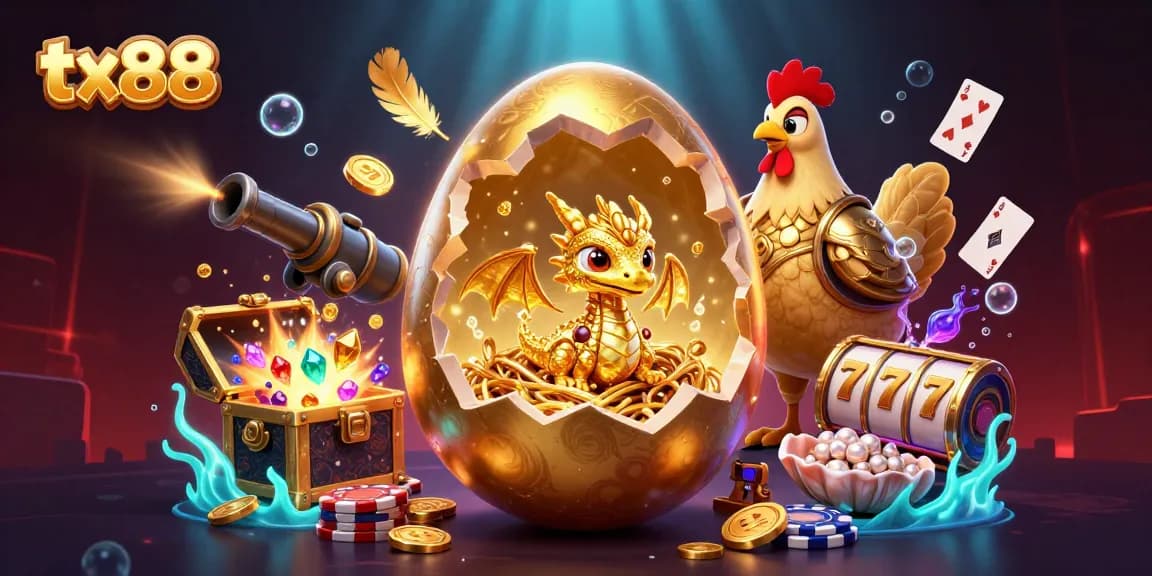 Engage with thrilling tx88 gaming action featuring vibrant dragons, poker chips, and treasures.
