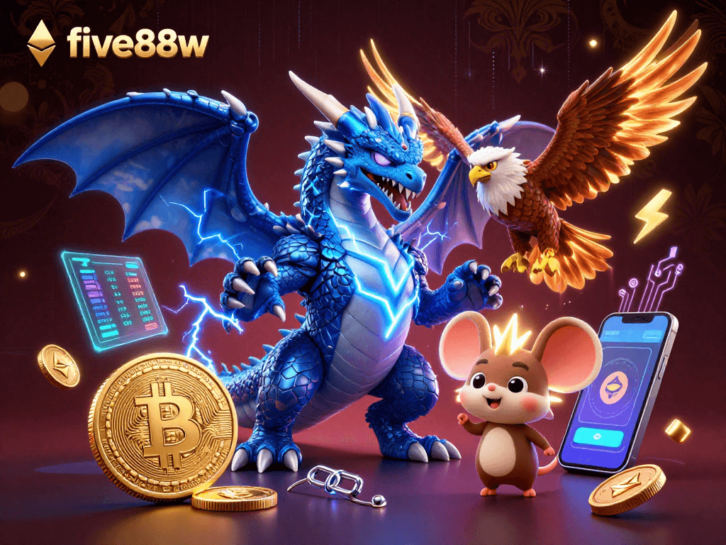 Experience the electrifying world of five88w with stunning crypto-themed 3D casino characters and game elements.