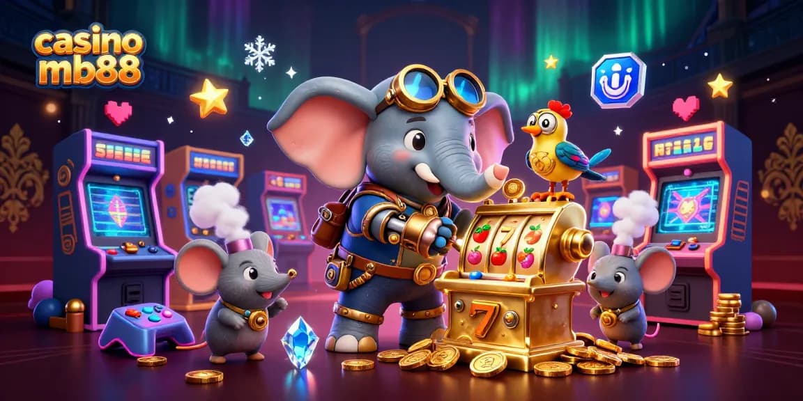 Thưởng thức những trò chơi tại casino mb88 với hình ảnh hấp dẫn của máy đánh bạc và nhân vật hoạt hình đầy màu sắc.