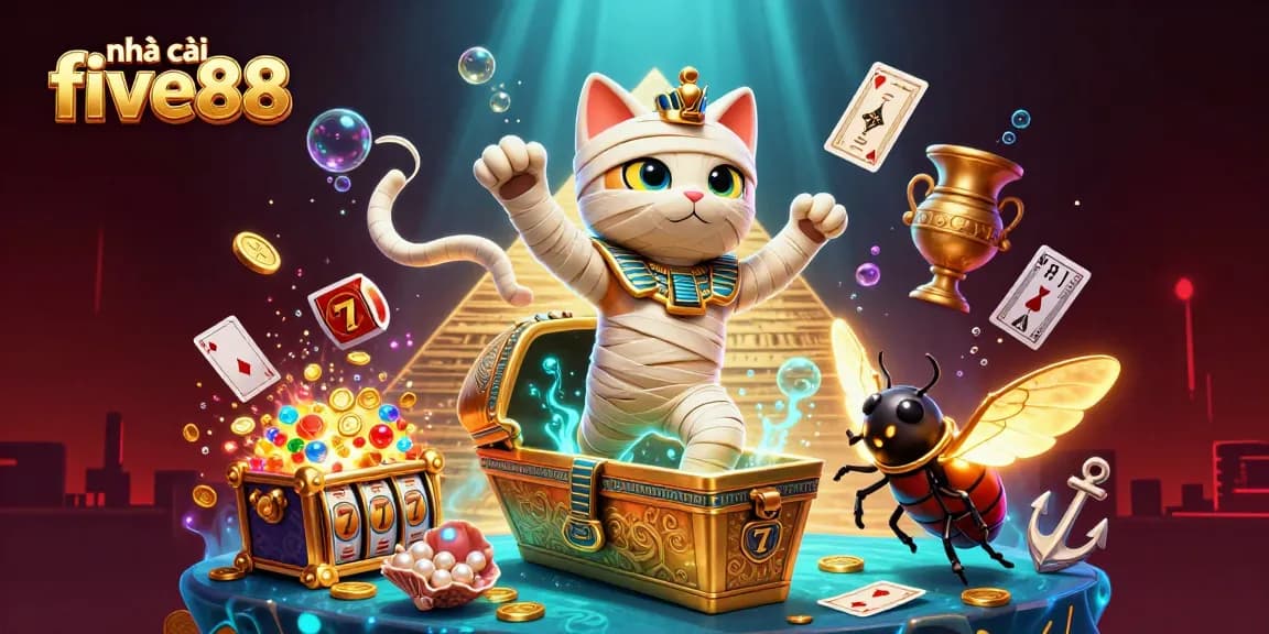 Engage with nhà cái five88, showcasing exciting gameplay around a cartoon Egyptian mummy cat in a vibrant casino scene.