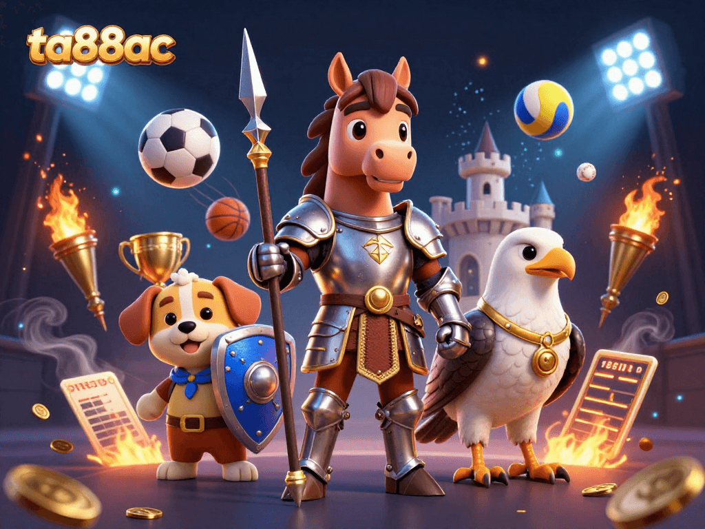 Experience ta88ac gaming with a 3D knight, squire puppy, and falcon amidst vibrant sports action.