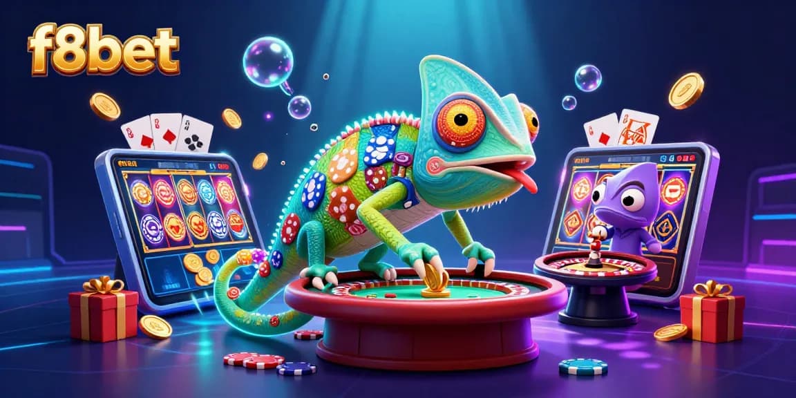 Play and win exciting games at f8bet, featuring a vibrant chameleon casino owner and immersive slot games.