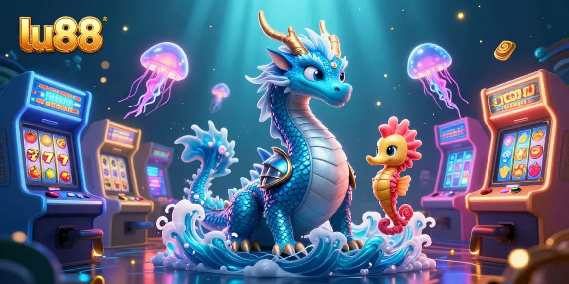 Experience the thrill with lu88's vibrant casino illustration featuring a dragon and lively game elements.