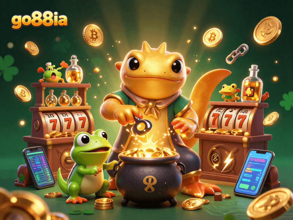 go88ia enhances gameplay with a vibrant scene of mythical characters creating wealth through gold and crypto.