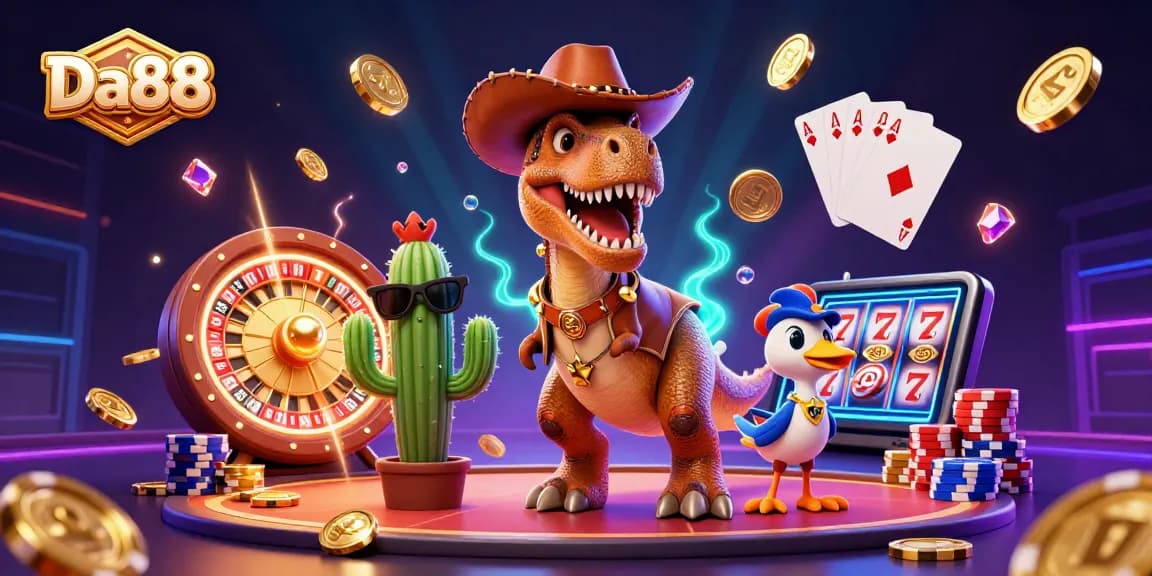 Experience thrilling gameplay at Da88 with a vibrant casino illustration showcasing animated characters and game elements.