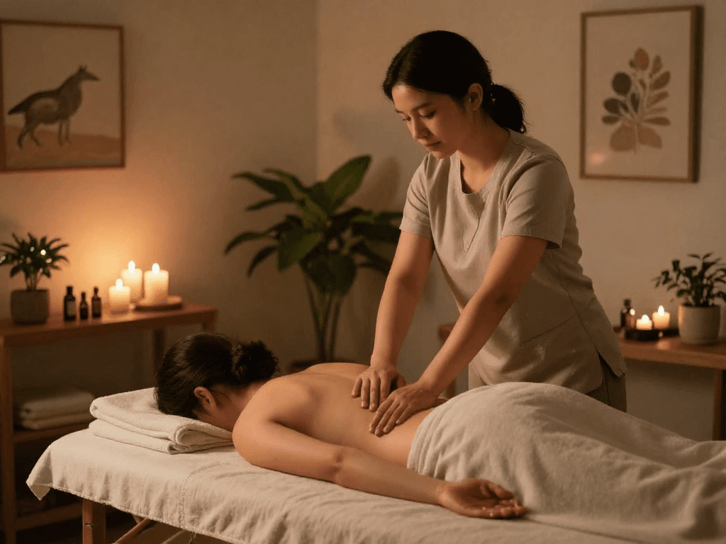 Relaxing 하남출장안마 scene with professional therapist providing massage therapy in cozy home environment.