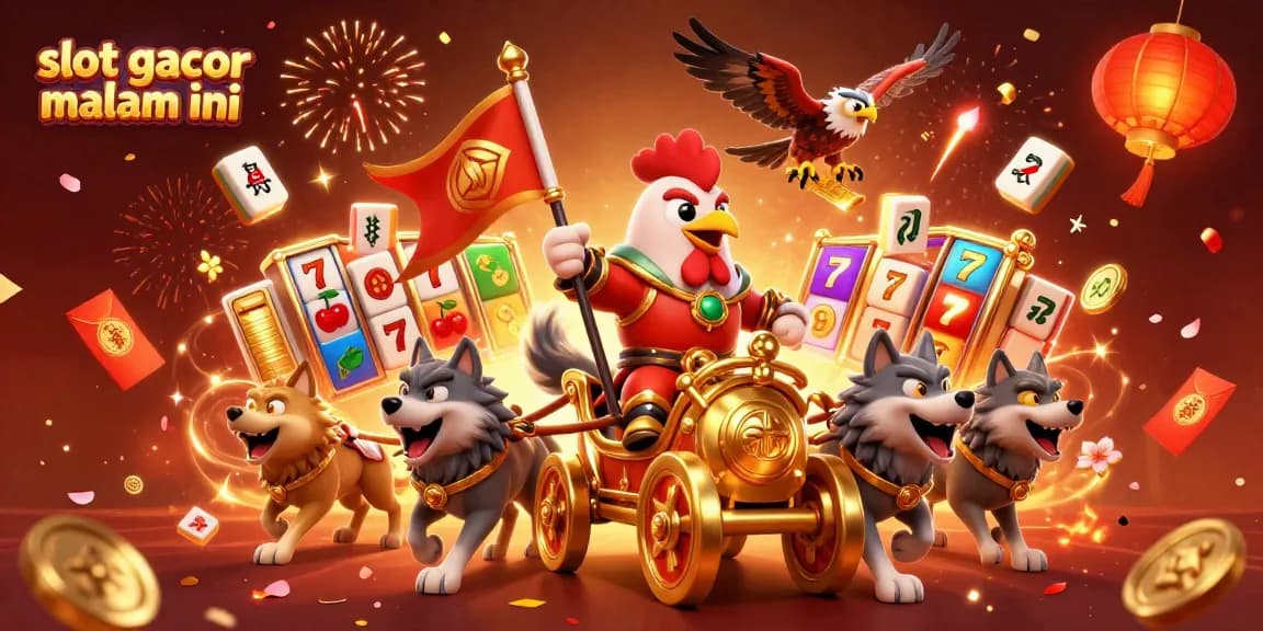 Spin the reels with the vibrant scene of slot gacor malam ini, featuring a warlord rooster and lively casino elements.