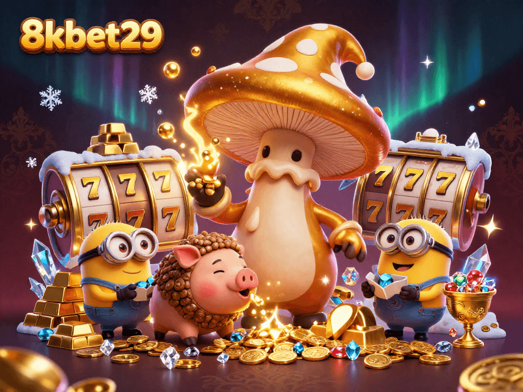 Experience the magic of 8kbet29 with enchanting wizards and golden treasures in a whimsical casino scene.
