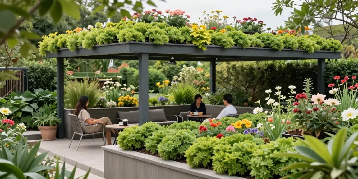 Koppel geniet van een groen dak overkapping in een levendige tuinsetting, die duurzaam buitenleven laat zien.
