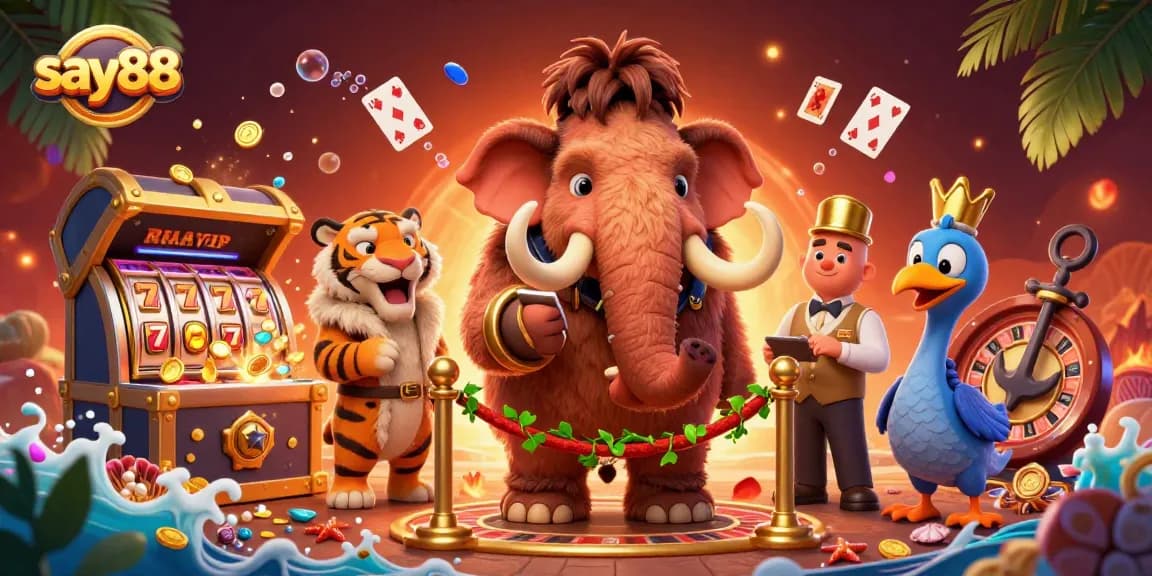 Unlock big wins at say88 as a 3D cartoon mammoth checks IDs at a vibrant casino door.