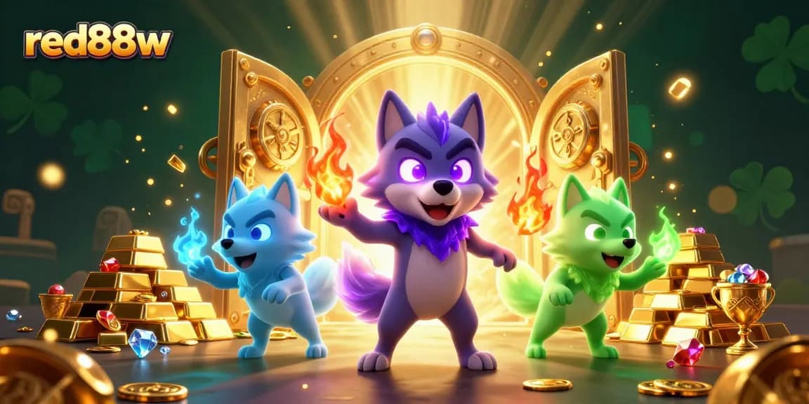 Experience winning with red88w in this vibrant casino scene featuring animated wolves and treasure.