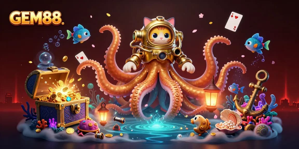 Join the thrilling adventure of GEM88 with a kraken, diving cat, and vibrant underwater treasures.