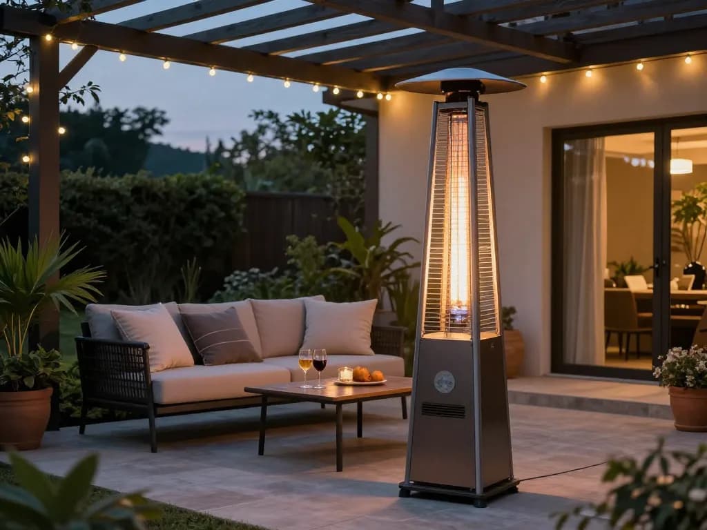 Elegante elektrische terrasverwarmer staand in een gezellige patio-omgeving, die de avondontspanning verbetert.