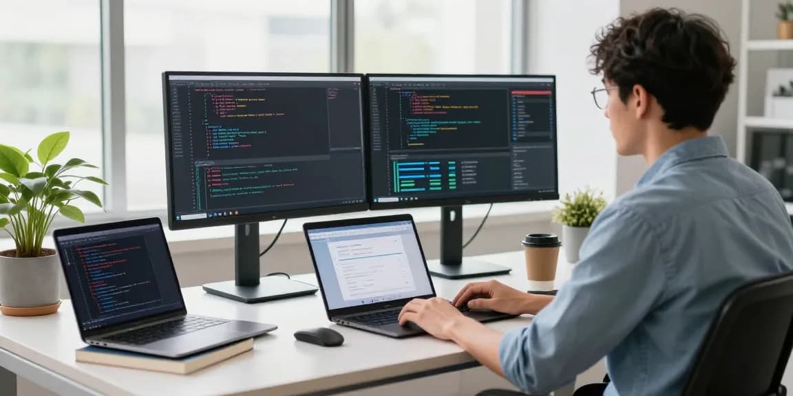 快连 developer working at a modern desk with dual monitors in a bright office.