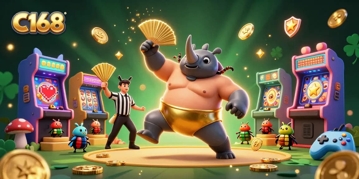 C168 casino game illustration showcases a rhinoceros beetle champion and vibrant elements, bringing exciting gaming action.