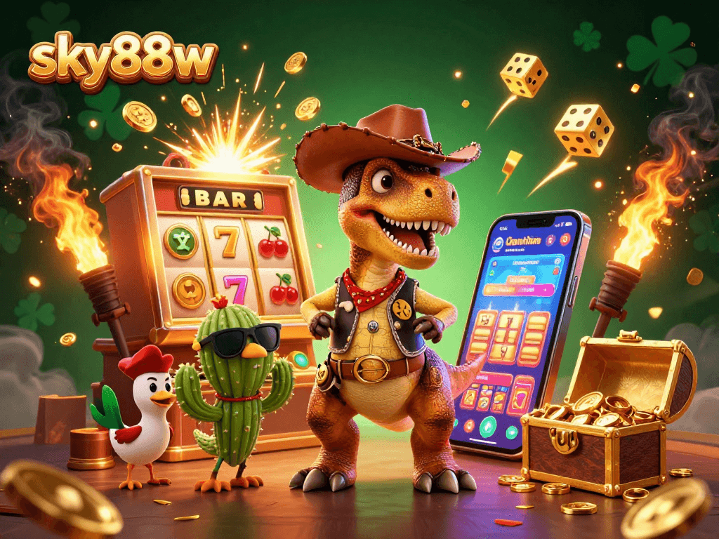 Win big with sky88w in a vibrant 3D casino scene featuring a cowboy dinosaur and dynamic slots.