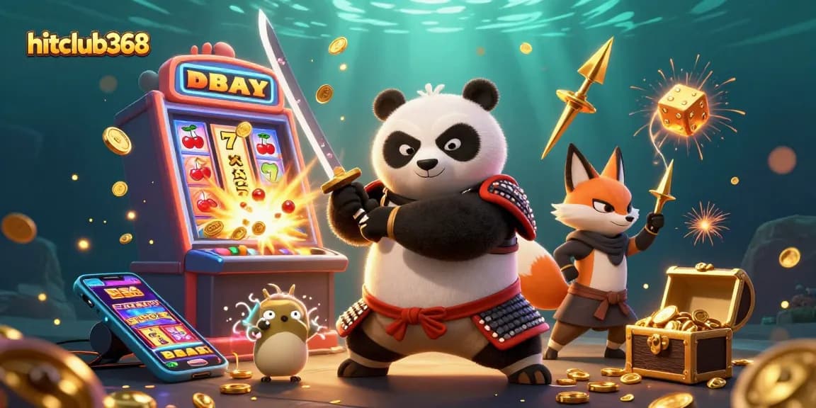 Experience hitclub368's thrilling jackpot adventure with 3D samurai panda and ninja fox amidst casino excitement.