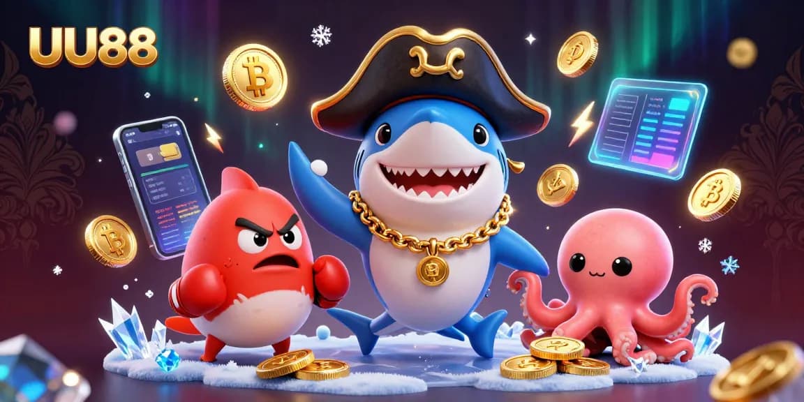 Engage with UU88's vibrant casino adventure featuring a pirate shark, pufferfish, and treasure-filled octopus.