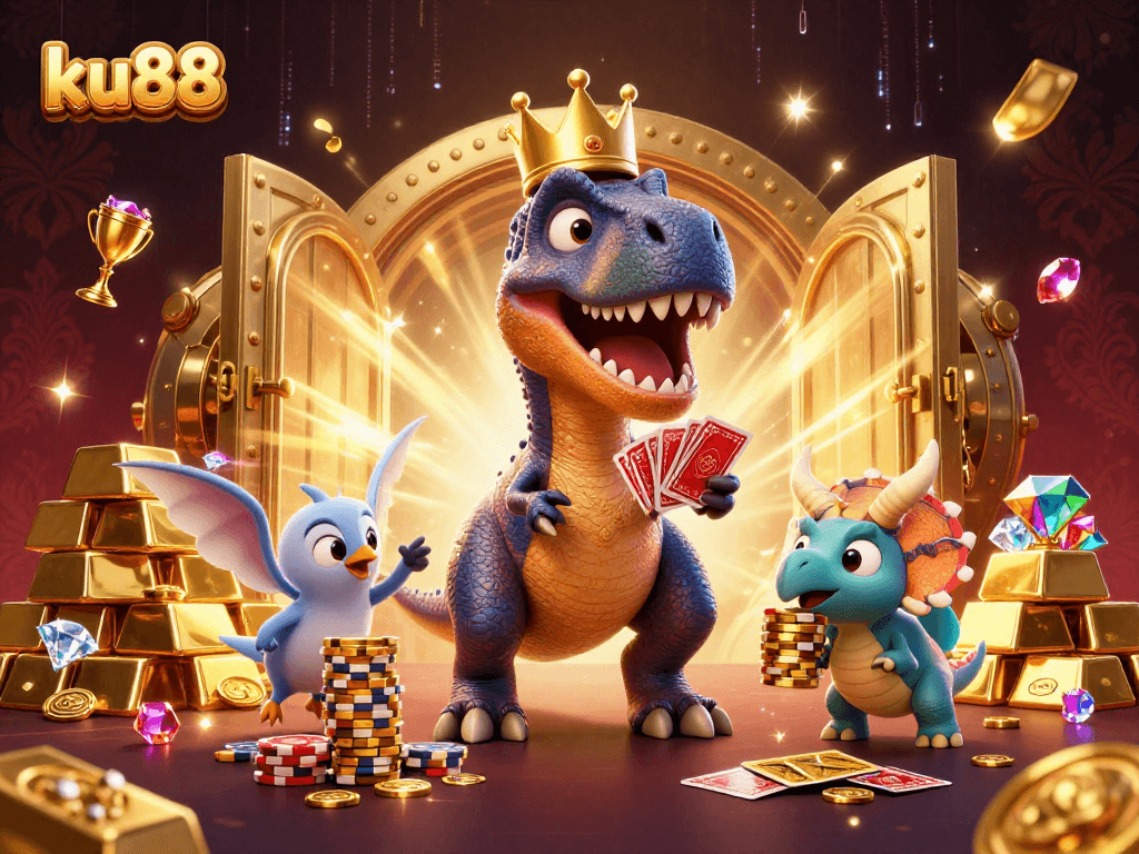 Feel the excitement at ku88 with a cartoon T-Rex shuffling cards, vibrant gold and gems.