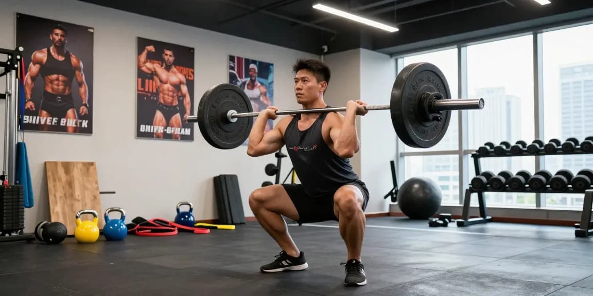 Prime Pharma Steroids bodybuilding in een moderne gym met een atleet die squats doet.