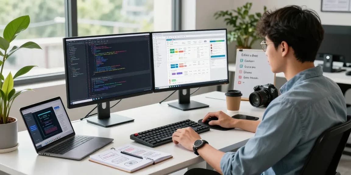 Download WPS Office in a modern tech workspace with dual monitors and a laptop design interface.