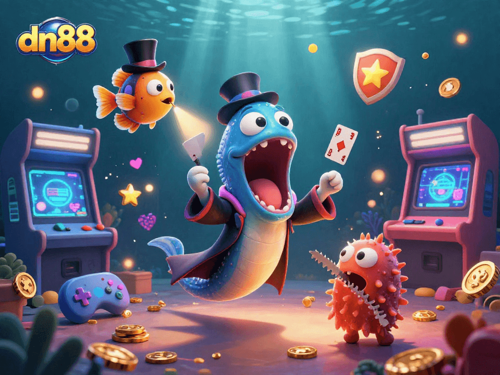 Experience thrilling card tricks at dn88 with a magical deep-sea eel and anglerfish under a vibrant casino backdrop.