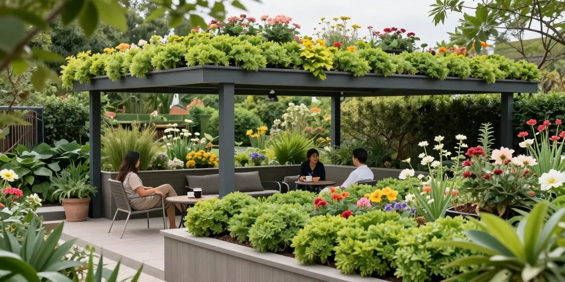 Koppel geniet van een groen dak overkapping in een levendige tuinsetting, die duurzaam buitenleven laat zien.
