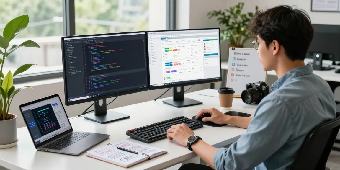 Download WPS Office in a modern tech workspace with dual monitors and a laptop design interface.