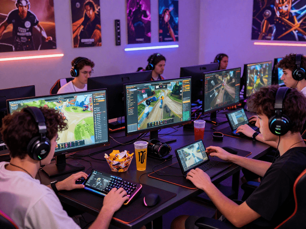Players enjoying the oxbet app in a vibrant gaming setup with colorful LED lights and gaming gear.