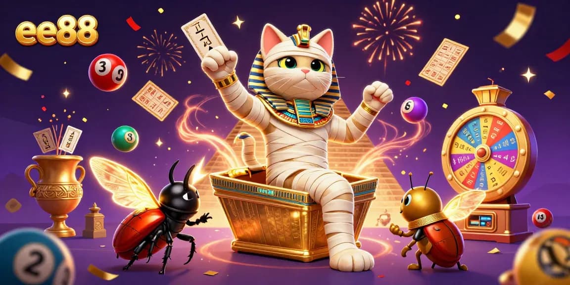 Experience the thrill of ee88 in this vibrant casino scene with a mummy cat and scarab beetle.