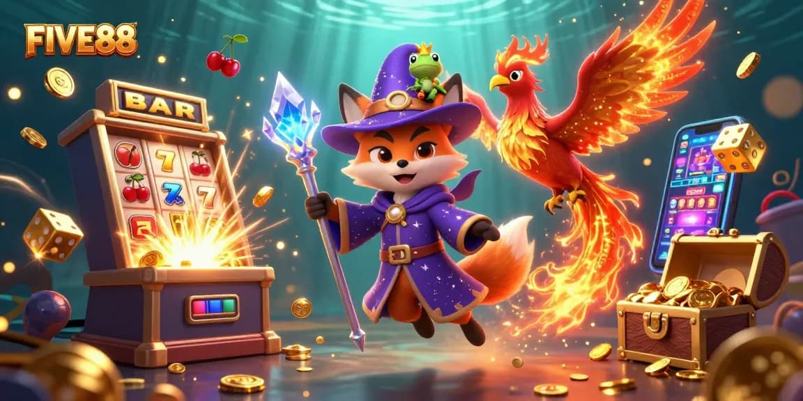 Witness the magical FIVE88 casino world with a wizard fox, phoenix, and dazzling riches in action.
