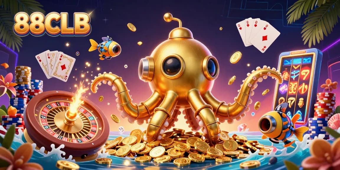 Experience thrilling gaming adventures with 88CLB's vibrant 3D casino illustration featuring striking characters, gold coins, and engaging game elements.