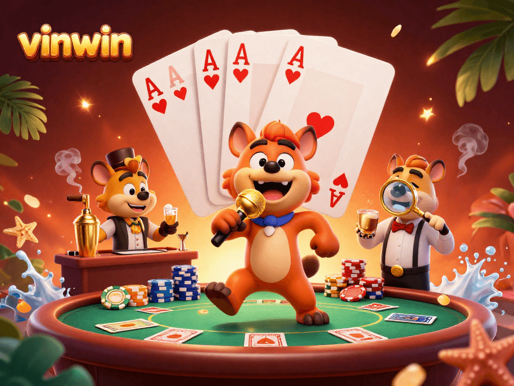 Engage with vinwin's lively casino scene featuring hyenas, poker elements, and vibrant colors.
