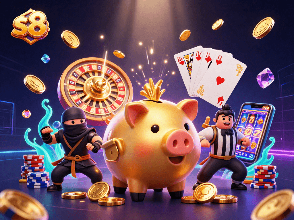 Engage with the thrilling world of S8 casino as animated characters battle for treasure in a vivid gaming landscape.