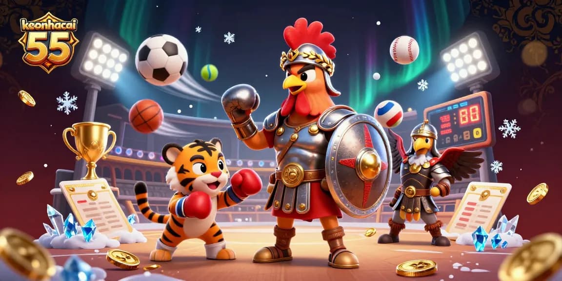 Bet on keonhacai 55 as a 3D gladiator rooster and friends celebrate gaming triumphs in an exciting arena scene.
