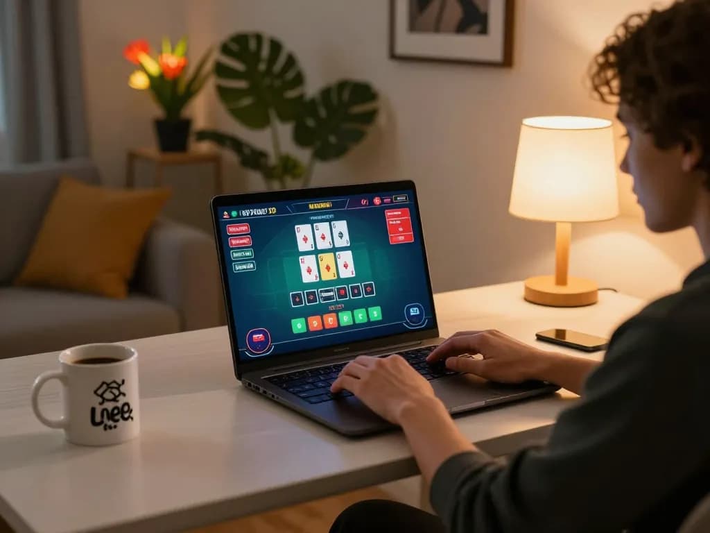 Tic88 user enjoying live dealer blackjack game on laptop in stylish home setup.
