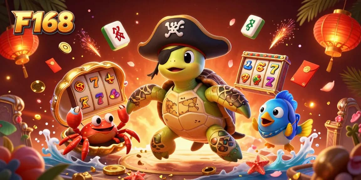 Engage in thrilling games at F 168 with a vibrant illustration of a pirate turtle, crab, and parrotfish.