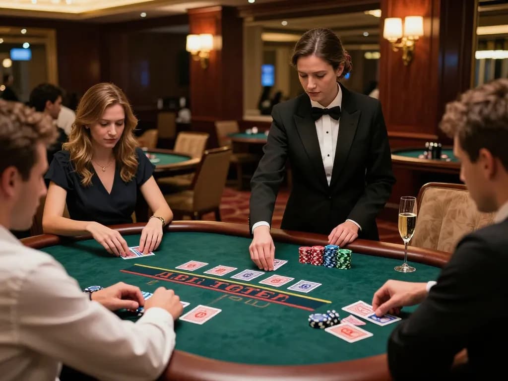 Lu88 players strategizing at an exclusive blackjack table in a luxurious casino setting